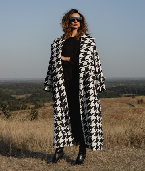Long black and white coat with a print