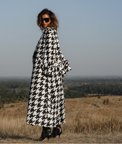 Long black and white coat with a print