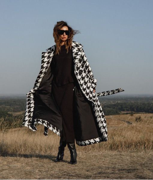Long black and white coat with a print