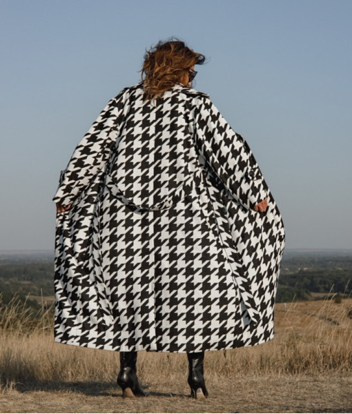 Long black and white coat with a print