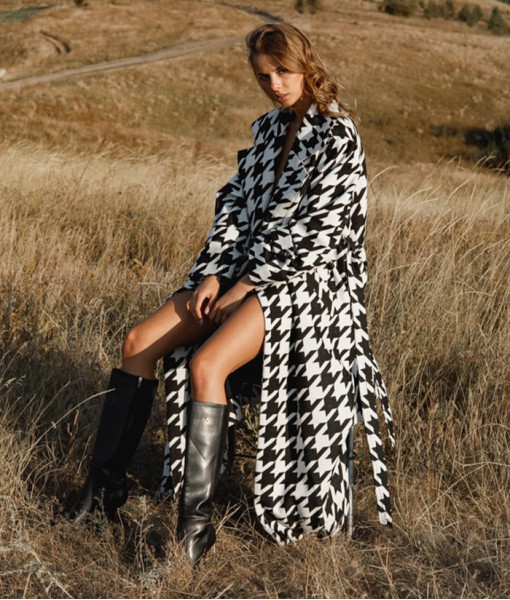 Long black and white coat with a print