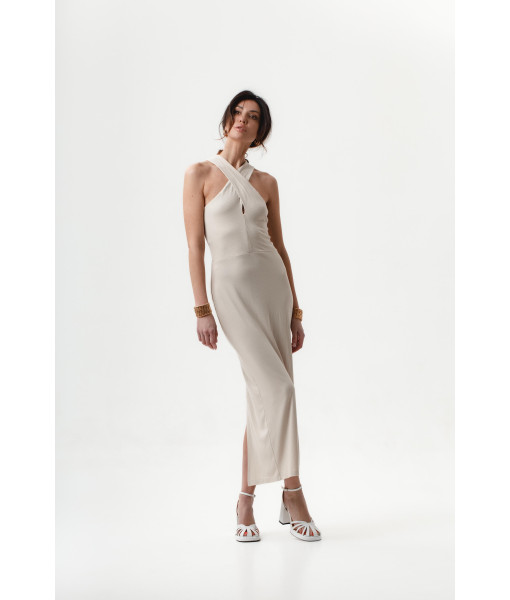 Knitted beige dress with an original bodice