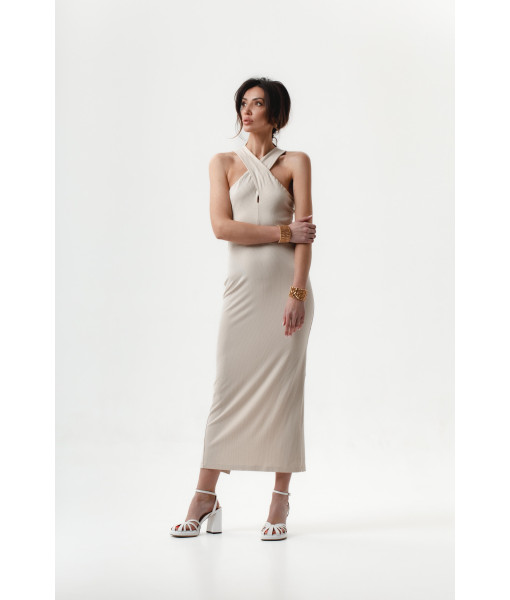 Knitted beige dress with an original bodice