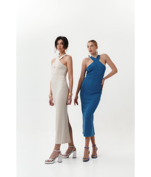 Knitted beige dress with an original bodice