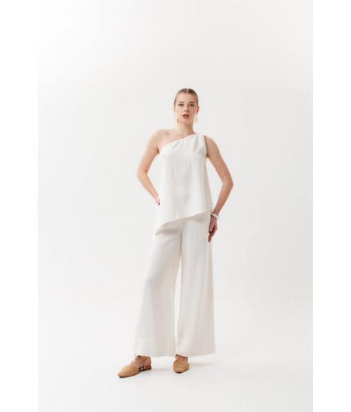Linen suit: palazzo and one-shoulder top (black, white, gray)