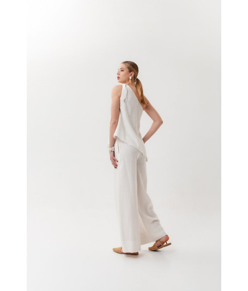 Linen suit: palazzo and one-shoulder top (black, white, gray)