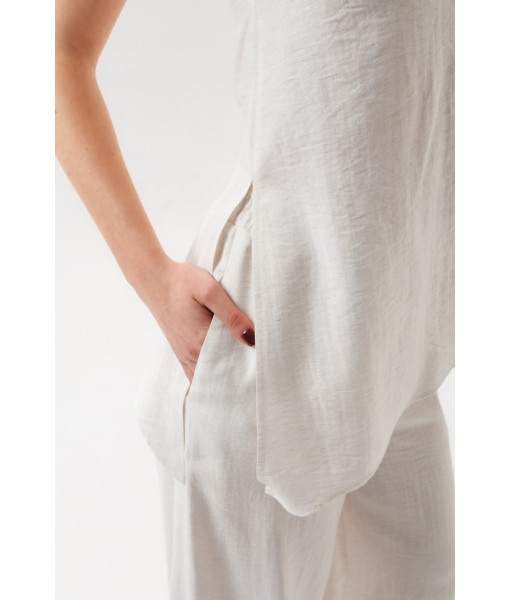 Linen suit: palazzo and one-shoulder top (black, white, gray)