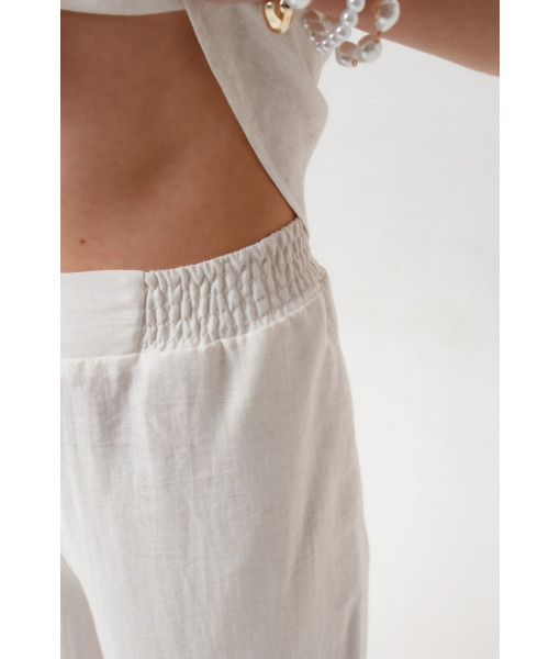 Linen suit: palazzo and one-shoulder top (black, white, gray)