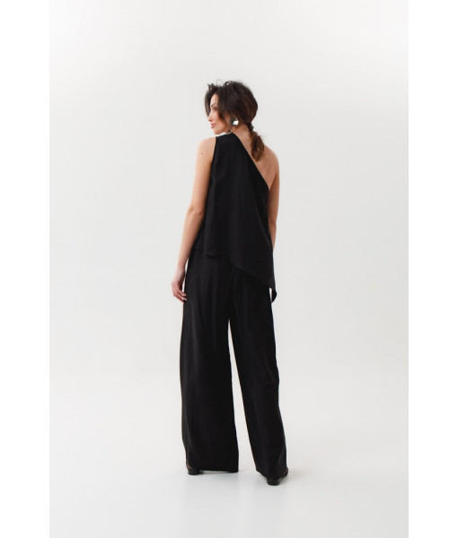Linen suit: palazzo and one-shoulder top (black, white, gray)
