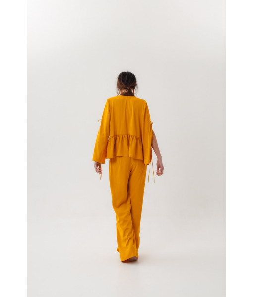 Summer shirt made of crepe silk with ties (mustard, blue)