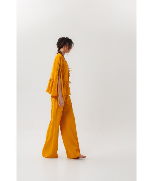 Summer shirt made of crepe silk with ties (mustard, blue)