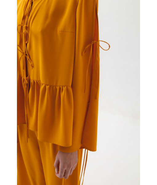 Summer shirt made of crepe silk with ties (mustard, blue)
