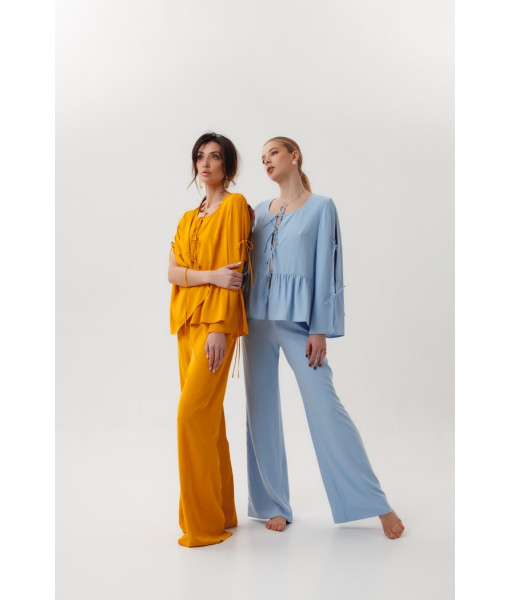 Summer shirt made of crepe silk with ties (mustard, blue)