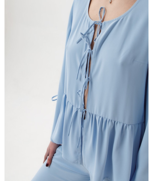 Summer shirt made of crepe silk with ties (mustard, blue)