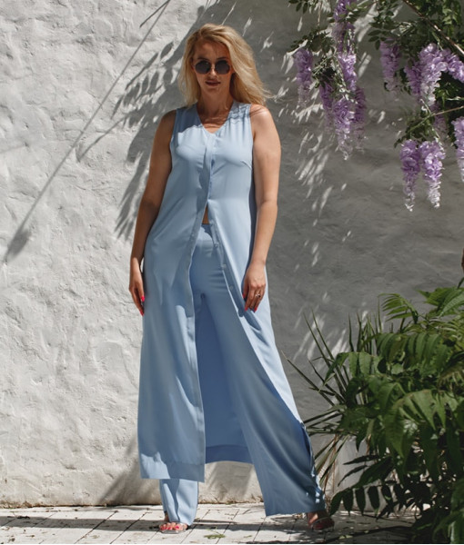 Complete look: A-line dress and flared pants (blue)