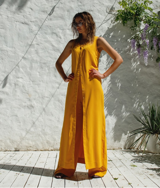 Complete look: A-line dress and flared pants (mustard)