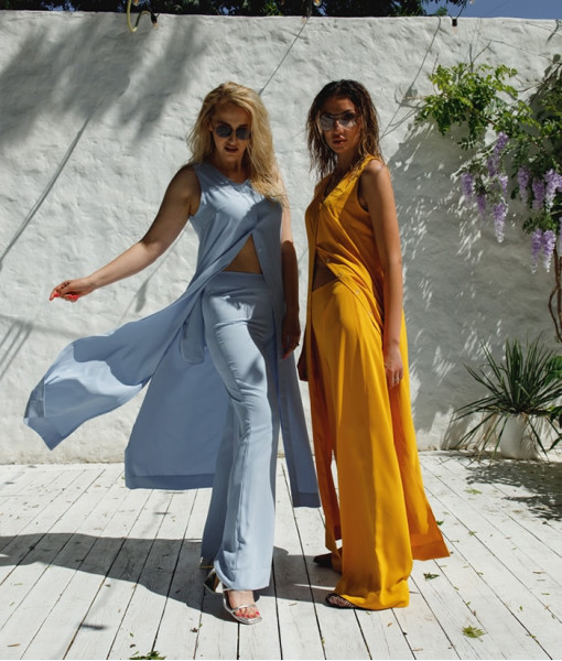 Complete look: A-line dress and flared pants (mustard)