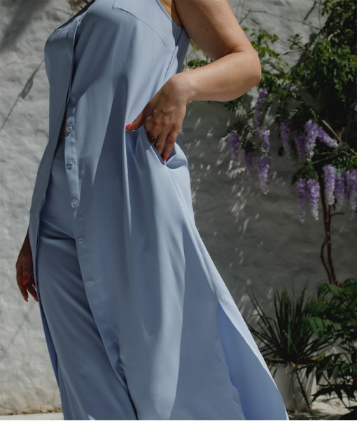 Complete look: A-line dress and flared pants (blue)