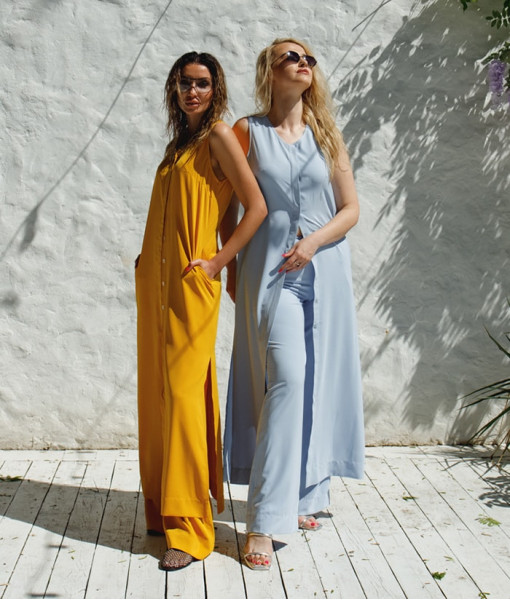 Complete look: A-line dress and flared pants (blue)